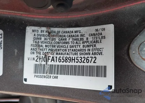 2009 Honda Civic Lx z USA, uszkodzony, nr VIN 2HGFA16589H532672